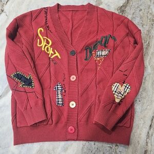Ebossy Red Embroidered Cardigan Sweater Colorful Buttons Women’s Large